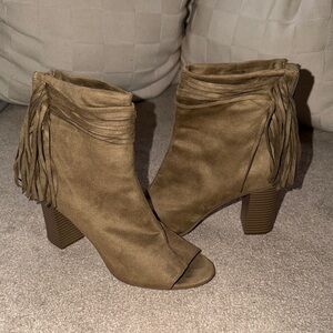 Fringed Tan Peep Toe Ankle Boots